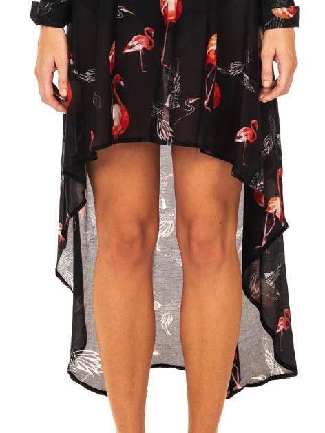 Franky Pink Flamingo On Black Asymmetrical Skirt for wholesale by Ears Of Buddha