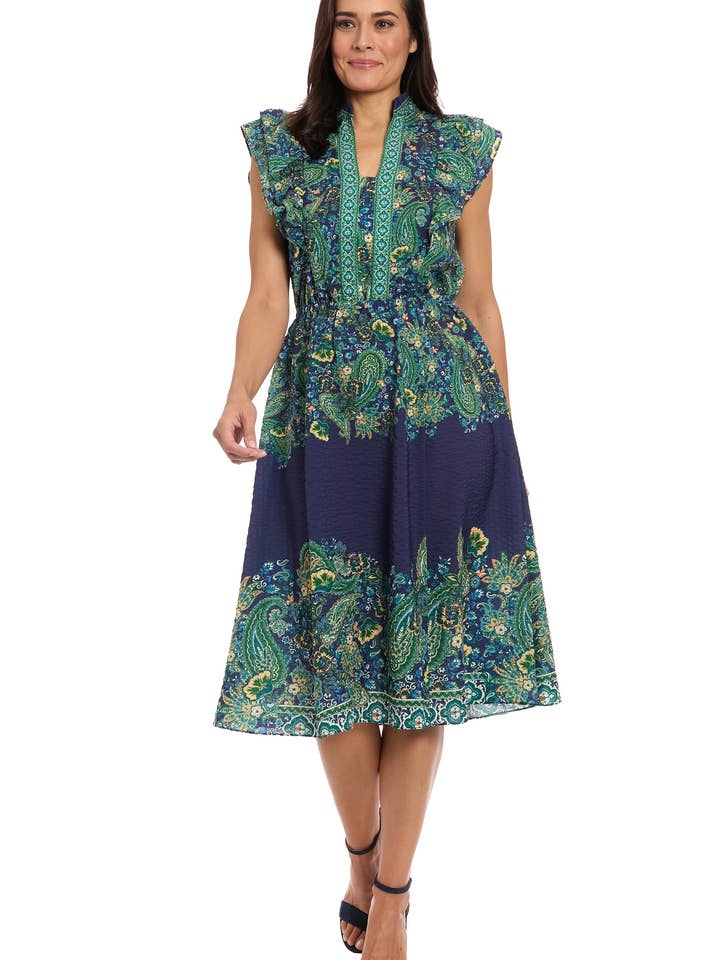 RUFFLE SLEEVE ELASTIC WAIST MIDI BOHO DRESS for wholesale by Maggy London Group