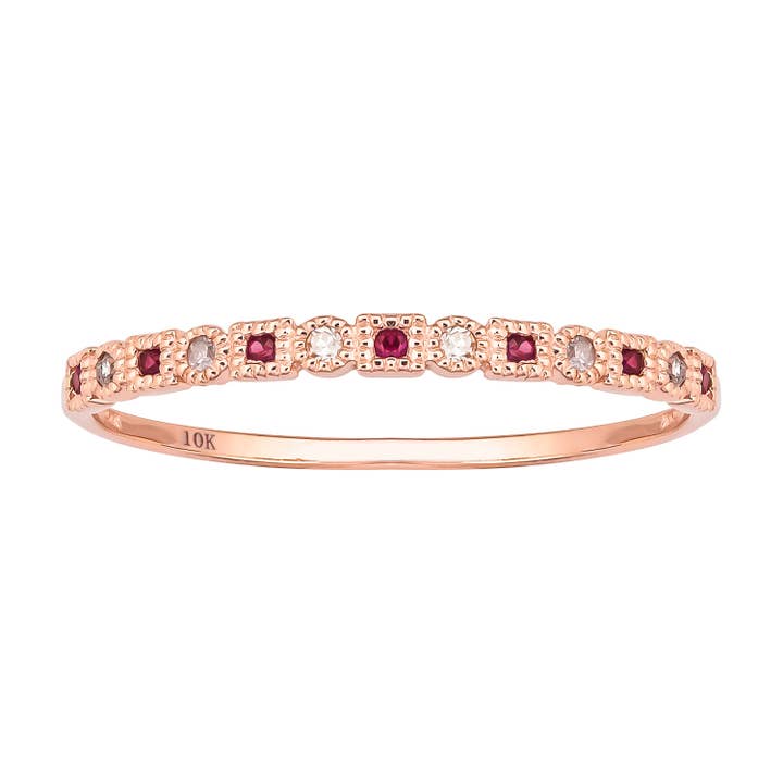 10k Rose Gold Vintage Style Ruby and Diamond Petite Stackable Band for wholesale by Luxurie Inc