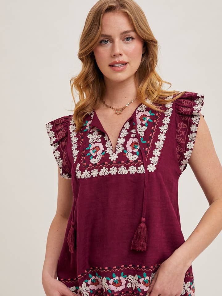 Bluivy - Wholesale Top - Maternity - BOHO EMBROIDERED RUFFLED SLEEVE DRAWSTRING TOP