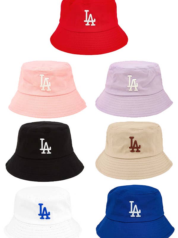 LA 3D White Embroidery Bucket Hat for wholesale by Pink Irene Wholesale