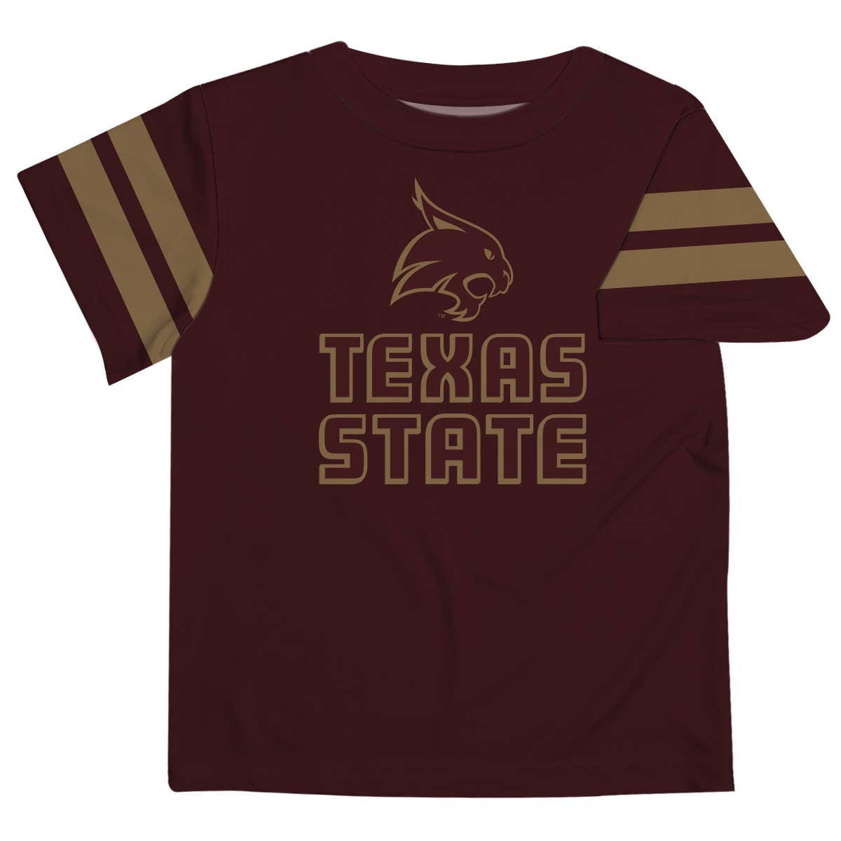 Vive La Fete - Wholesale Screen Printed T-Shirt - Kids - TXST Texas State Bobcats Maroon Tee with Stripes-Sleeves0
