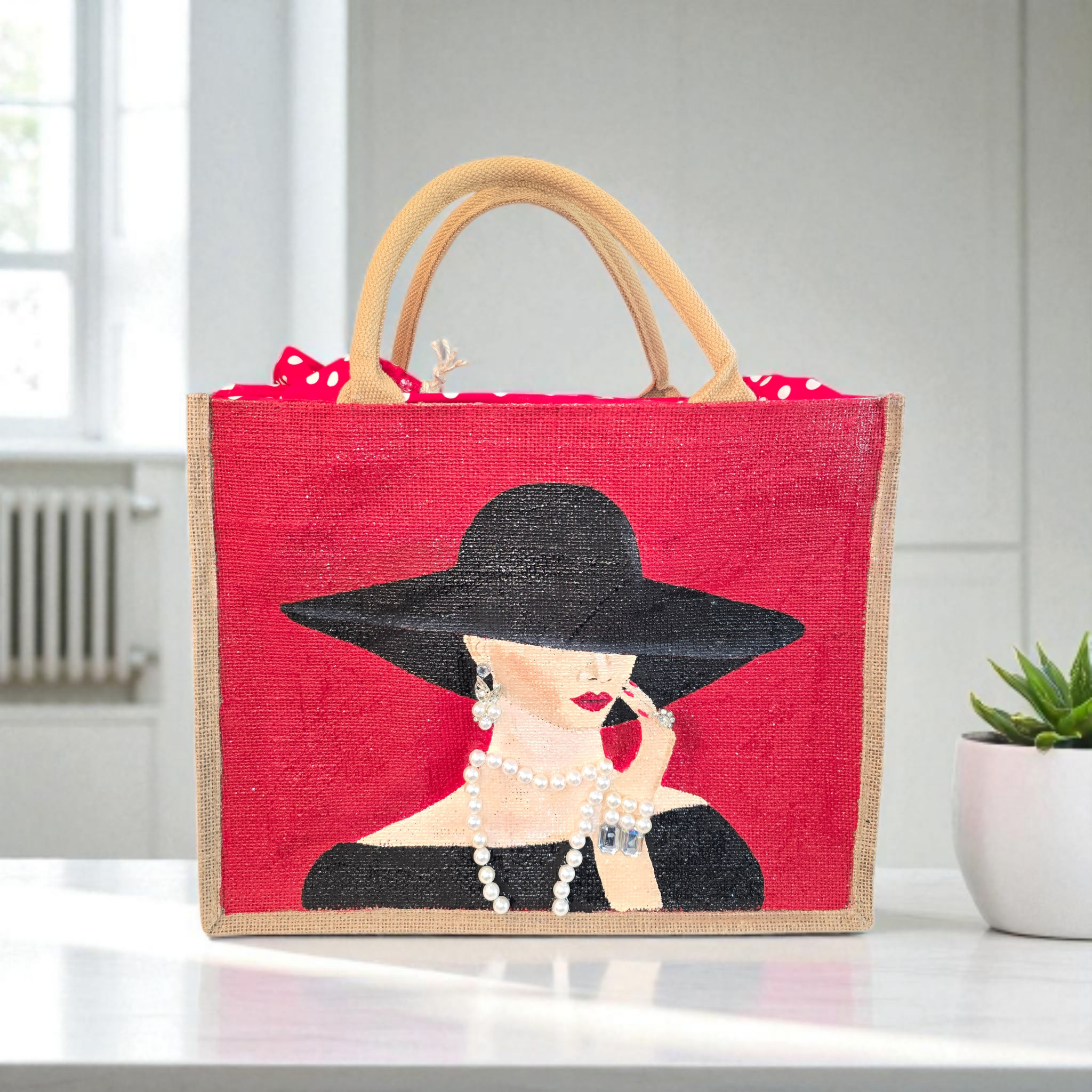 Dana's Uncommon Glass - Wholesale Tote Bag - Women's - Hand-Painted Jute Tote – Elegant Lady in Hat – Pearl Accents5