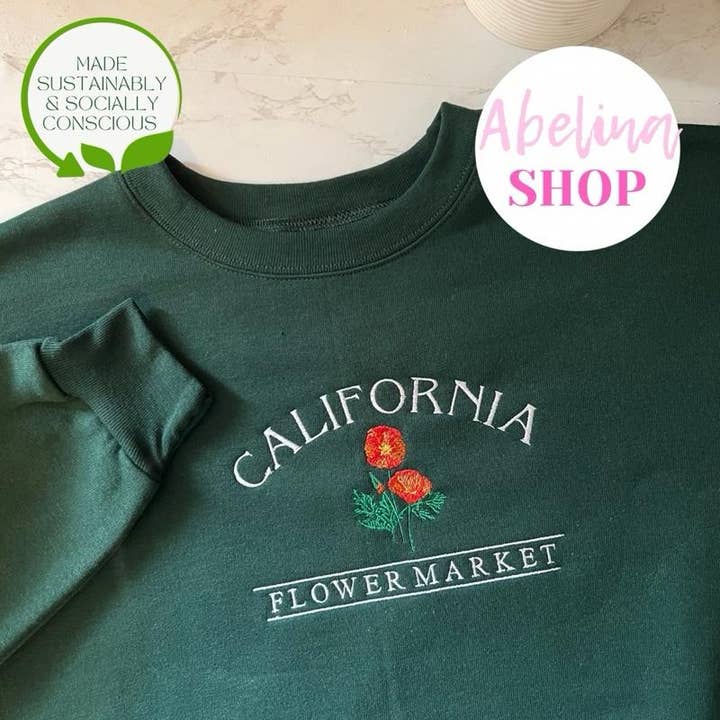 "CALIFORNIA" POPPY EMBROIDERED CREWNECK SWEATER DARK GREEN for wholesale by Abelina Shop