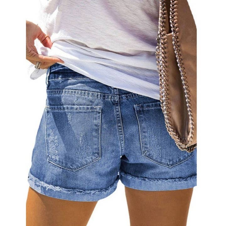 BLUE Distressed High-Waisted Floral Denim Shorts for wholesale on Faire