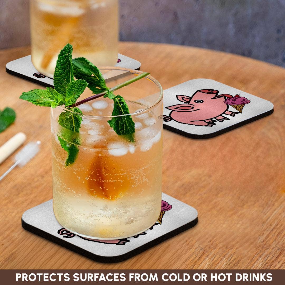 3dRose - Wholesale Coasters - 3dRose, Funny Cool Pink Pig eating ice Cream Cone Cartoon, Coaster9