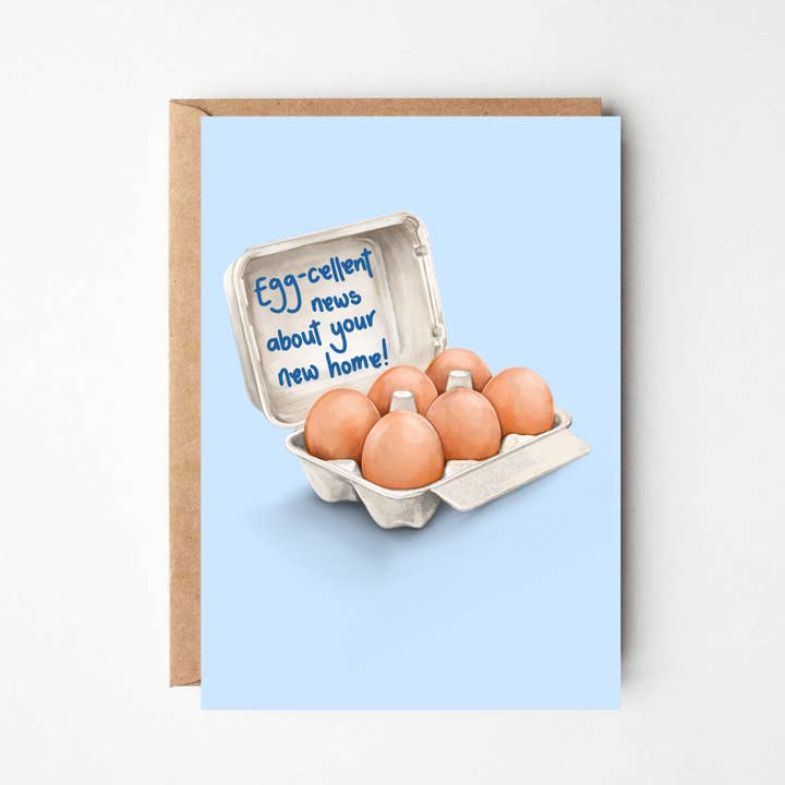 Herzlichen Glückwunsch – lustige Grußkarte zum Einzug mit Ei‑Motiv | Gestreift für den Großhandel von Katie Tinkler illustration