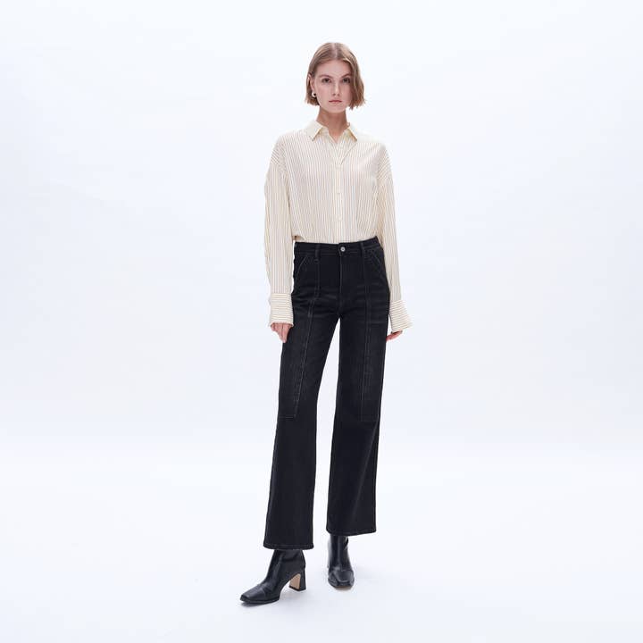 BLACK SUPER HIGH RISE WIDE LEG JEANS(FINISHED HEM,SLIT) BYW8084 for wholesale on Faire