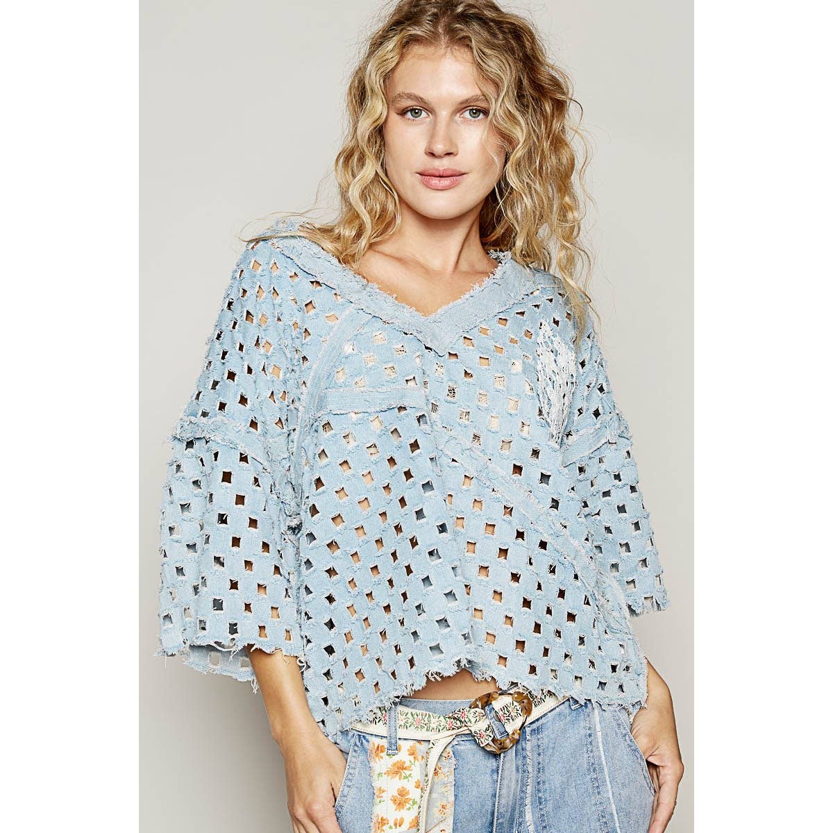 Pol Clothing - Vente Haut en maille – femme - Haut vintage délavé à manches courtes et poche avant9