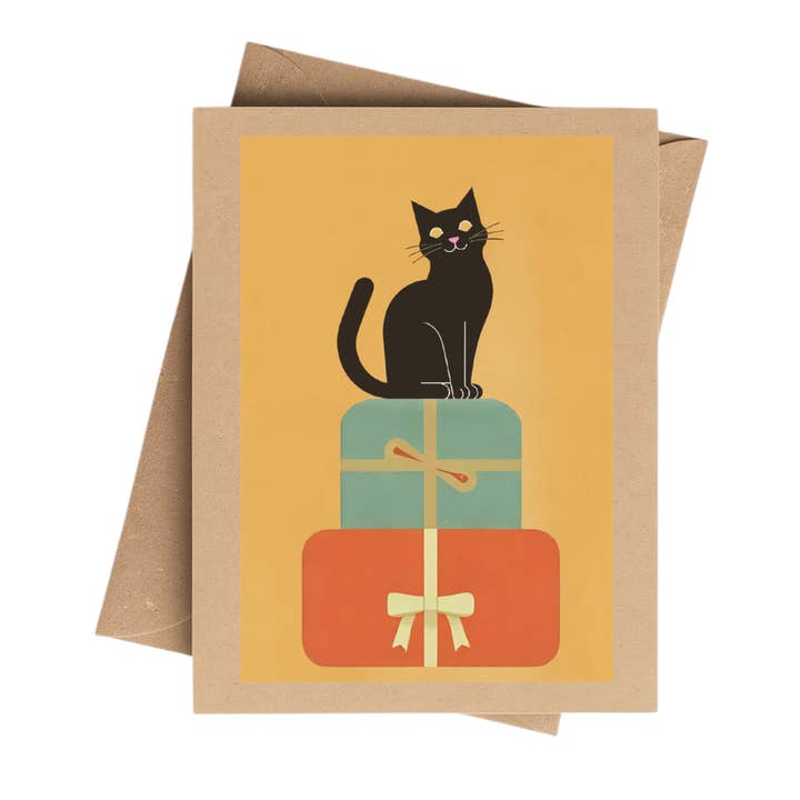 Black Cat Christmas Present Card on Brown Kraft Paper for wholesale by Cryptic Paper Co.