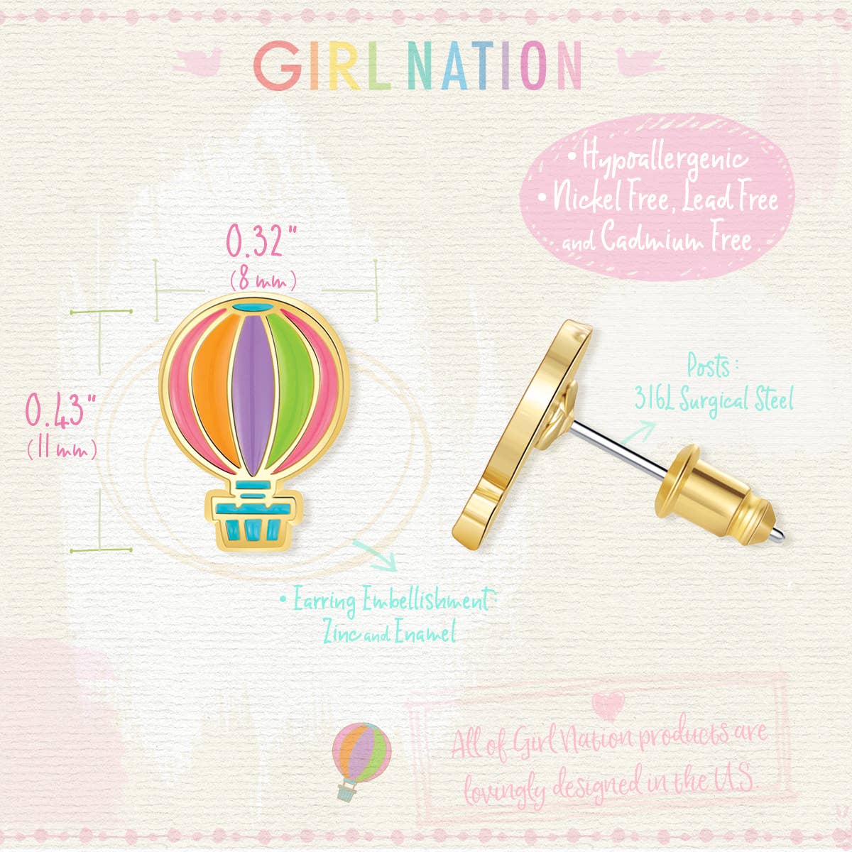 Girl Nation | Kids Jewelry | Easter Gifts - Wholesale Earrings - Kids - Hot Air Balloon | Cutie Stud Earrings for Kids3