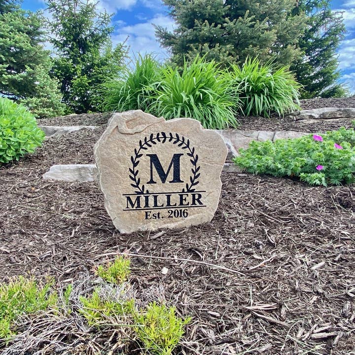 DesignAStone.com - Wholesale Outdoor Ornament/Decor - Vine Monogram Stone w/ Established Date2