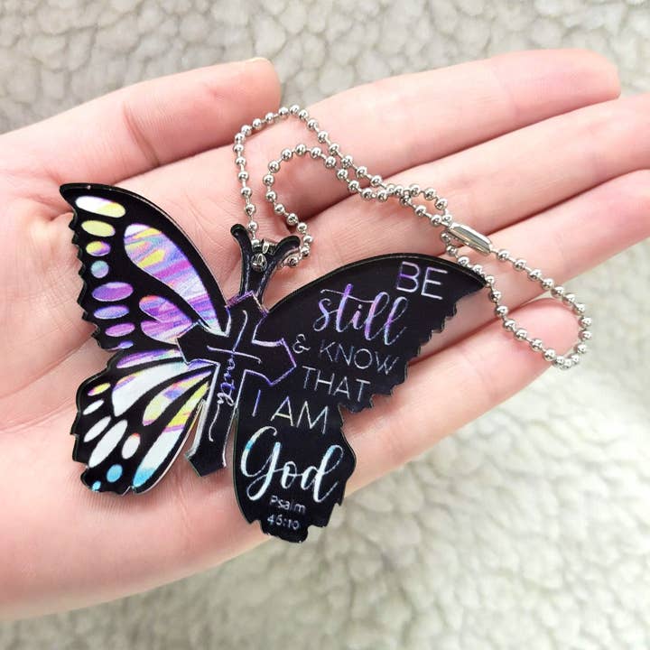 Be Still & Know Butterfly Key Chain, Rearview Mirror Ornament for wholesale by Positive Hope Designs