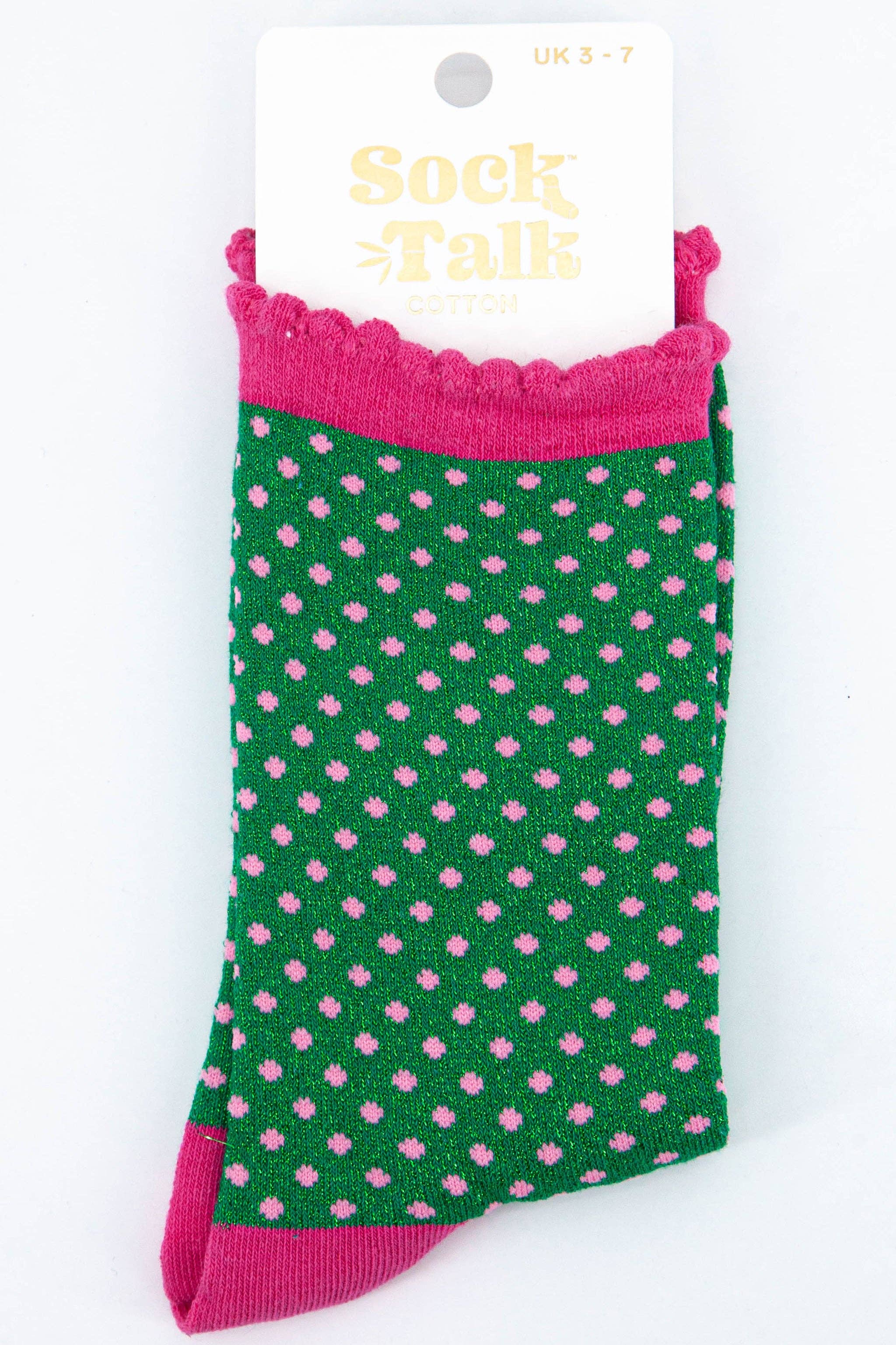 Sock Talk - Vendita all'ingrosso Calzini - Donna - Calzini da donna in cotone con glitter a pois rosa su verde3