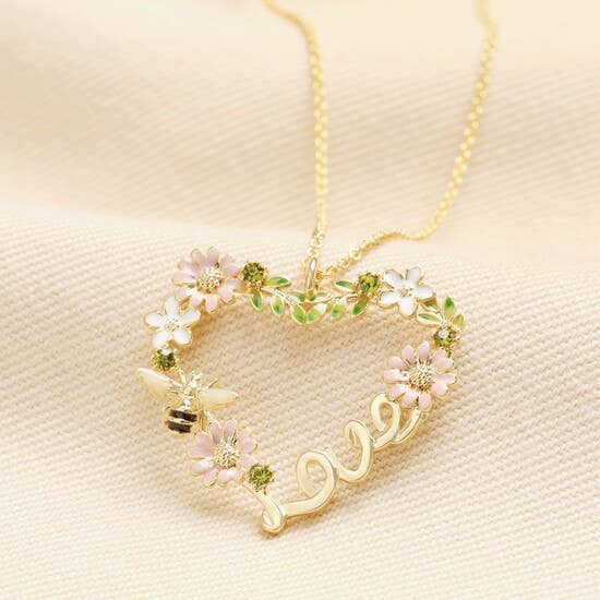 Crystal Flower and Bee 'Love' Pendant Necklace in Gold for wholesale by Lisa Angel