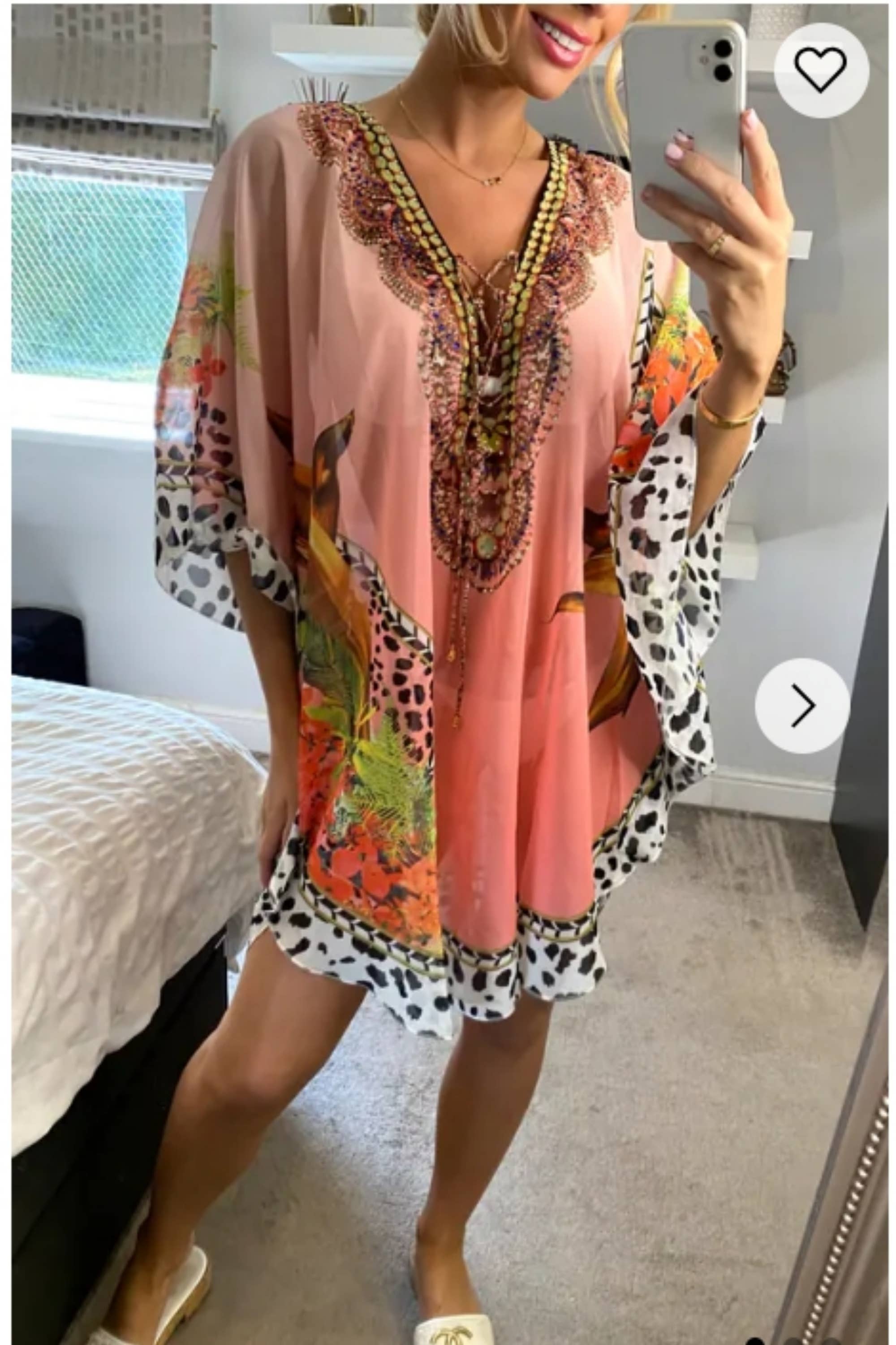CY FASHION. LONDON – Engroshandel Kaftan - Dame – Chiffon kaftan top med leopardtørklæde i lyserød2