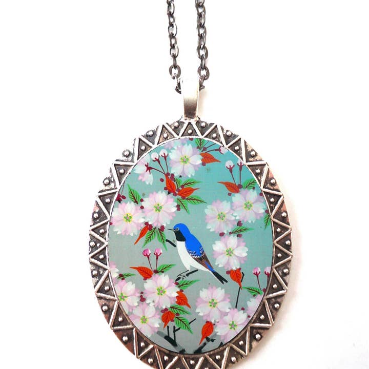 FringePop - Wholesale Pendant/Charm Necklace - Bluebird Necklace Pendant Silver Tone - Blue Bird Cherry Blossom Sakura Animal Art