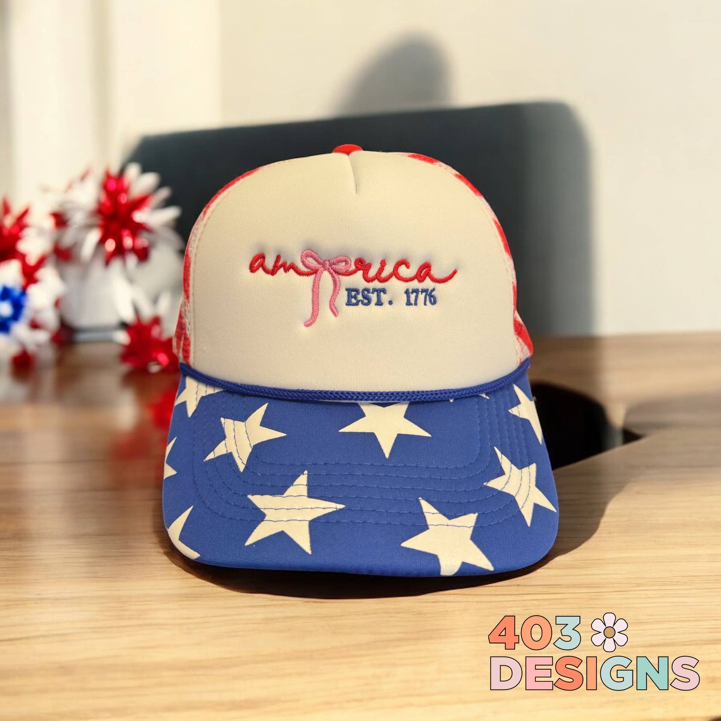 403 Designs - Wholesale Trucker Hat - Unisex - America EST. 1776- Embroidered 4th of July Trucker Hat