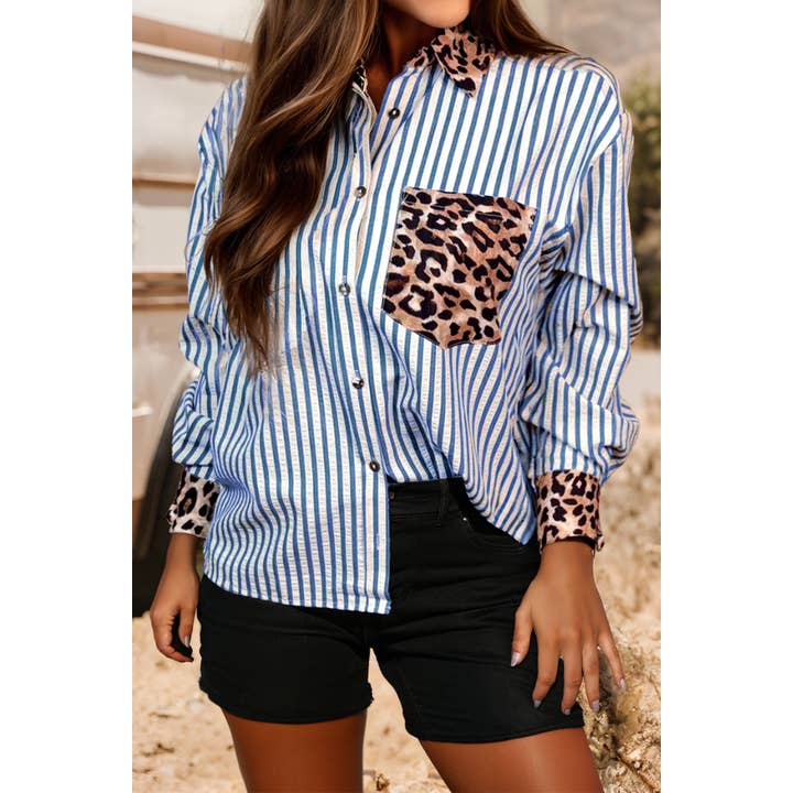 Western Wildly Chic Contrast Leopard Button Up Blouse for wholesale by fashionworks