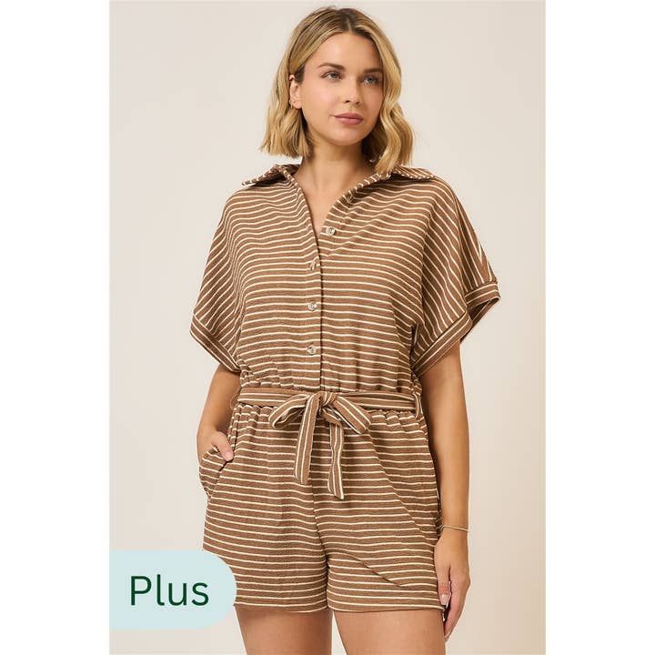 Striped Half Sleeve Button Up Waist Tie Romper for wholesale by Cozy Casual, Inc.