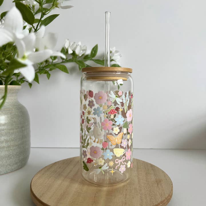 Birdie & Co. - Wholesale Drinking Glass/Cup - Cottage Core Garden Iced Coffee Glass