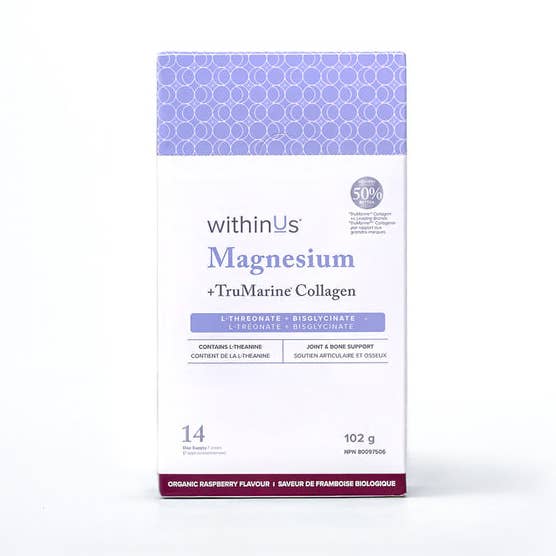 Magnesium + TruMarine Collagen Raspberry Stick Packs for wholesale by withinUs Natural Health