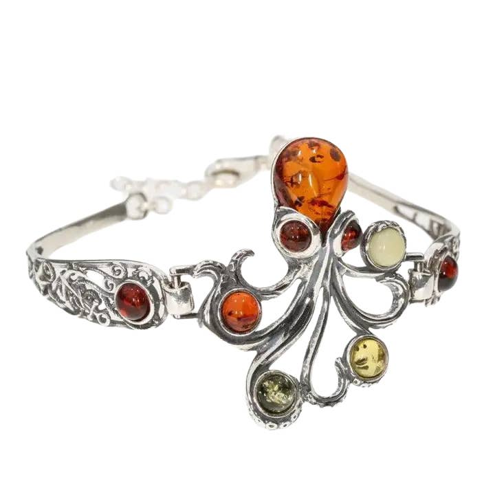 Bracelet manchette pieuvre en argent sterling ambre multicolore pour la vente par Amberman