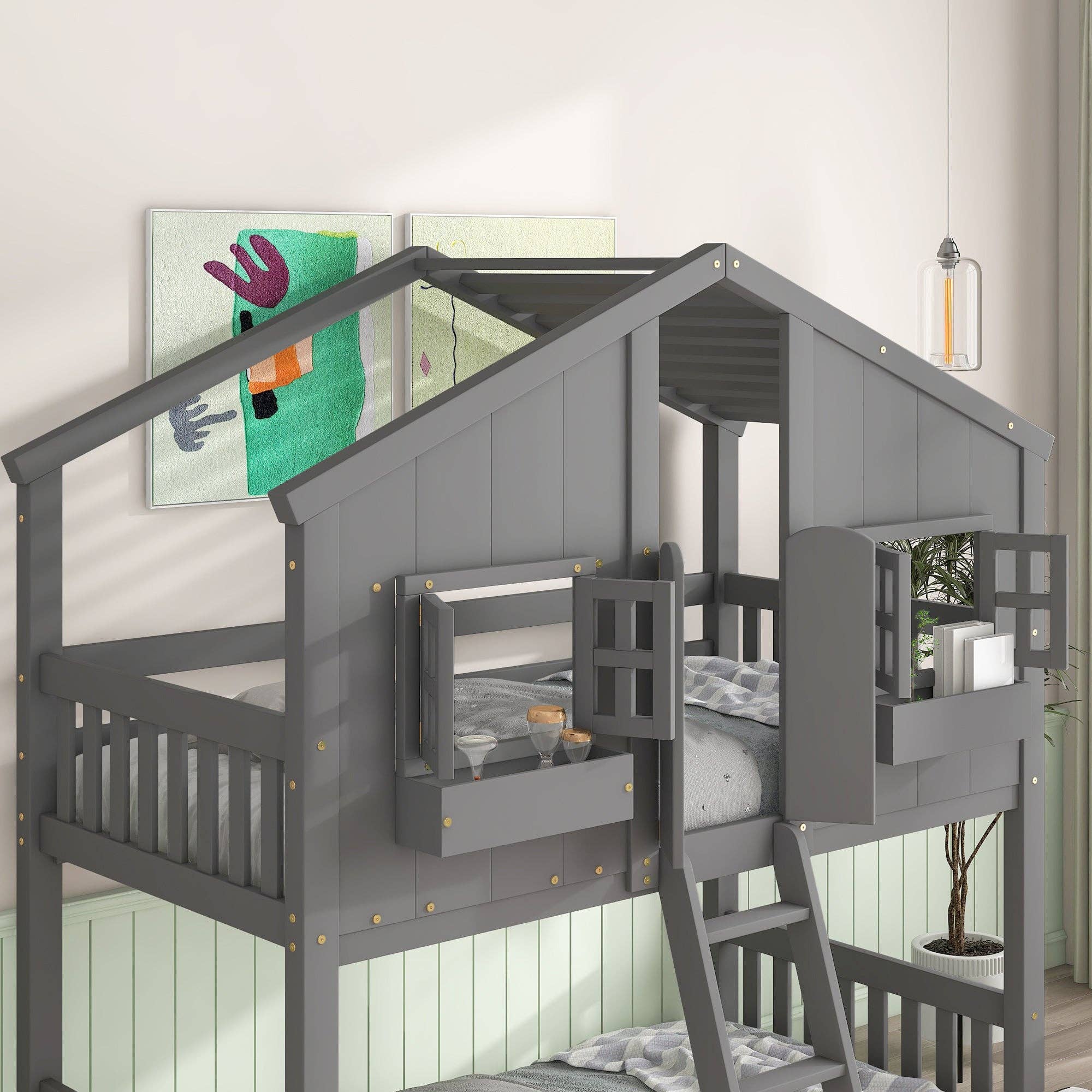39F Inc. - Wholesale Bed - Kids & Baby - Grey Twin over Twin House Bunk Bed with Roof, Guardrails 3