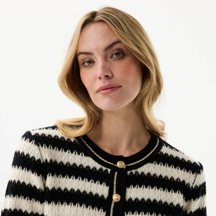 Black and ecru striped wool cardigan for wholesale by leo & ugo