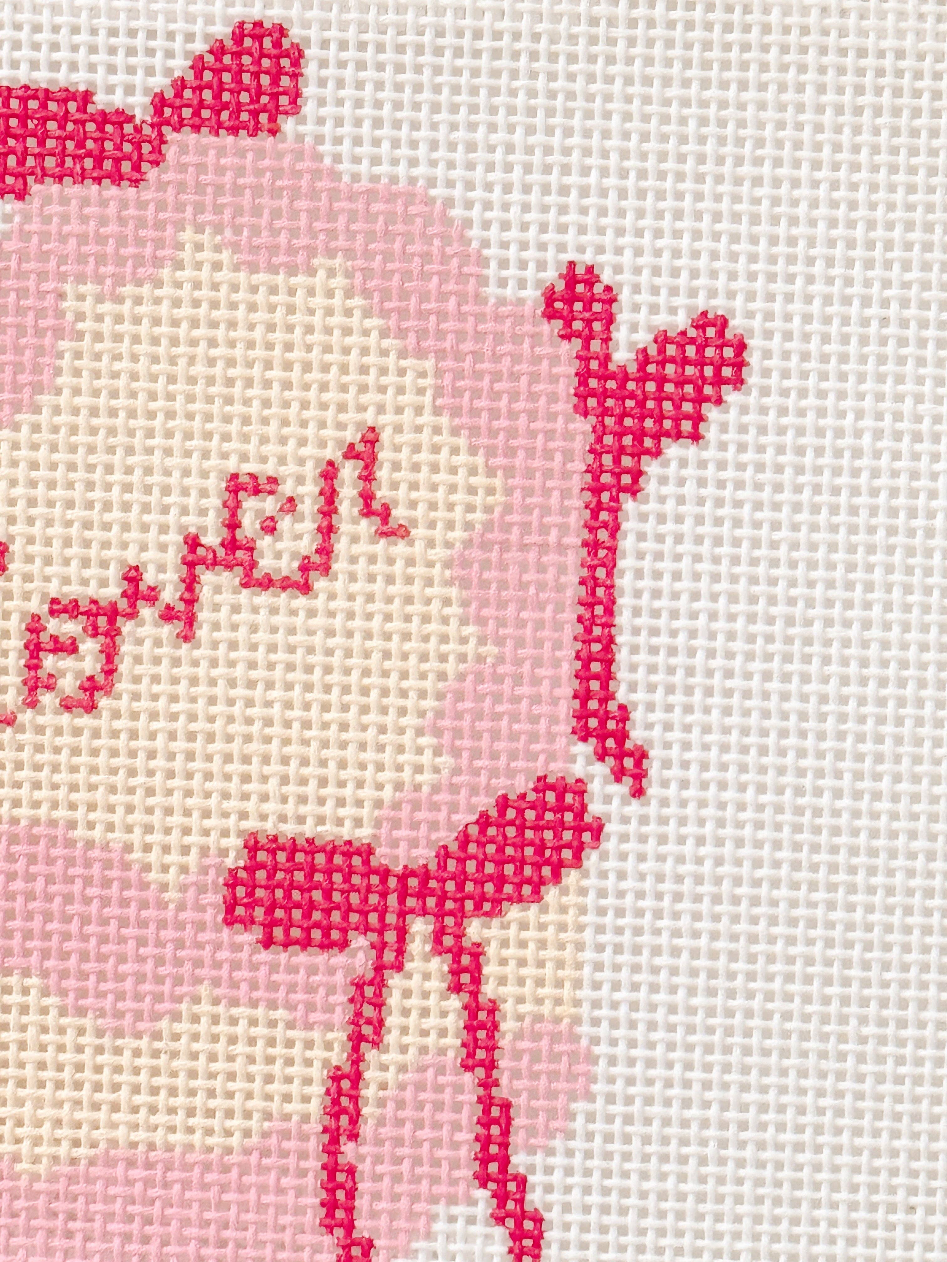 Cotswold Co Designs - Wholesale Embroidery/Cross Stitch Supplies - Coquette Bow Heart Cake Needlepoint Canvas | 4” 18 Mesh Coquette Needlepoint Design | Valentine’s Day Bow Cake4