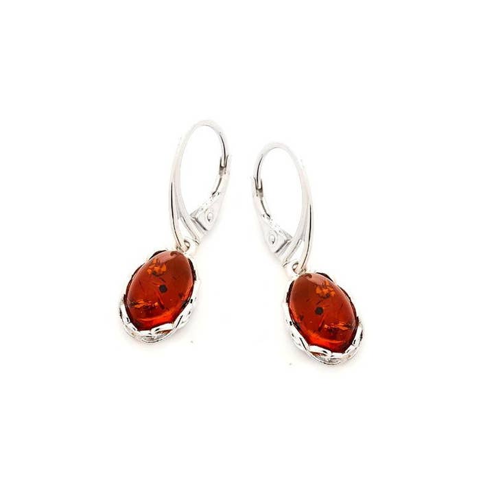 oval cognac amber pendant earrings, sterling silver for wholesale by OPALOOK France