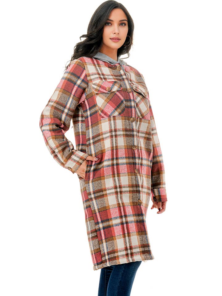 Color 5 - Wholesale Shirt – Women’s - Super long red plaid flannel shirt jacket shacket w/pockets10