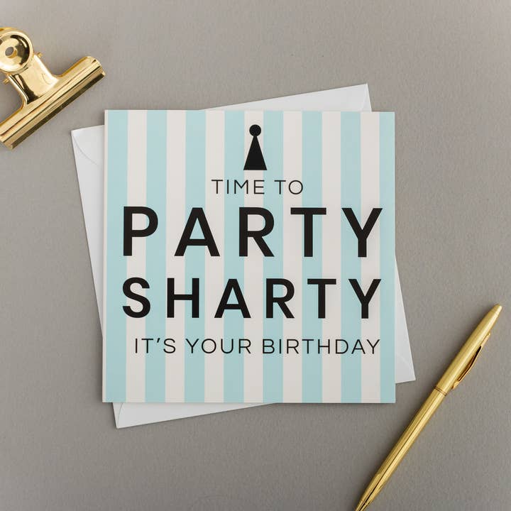 x6 PARTY SHARTY CARD | BLUE STRIPE PARTY HAT for wholesale by Eastern Print Studio