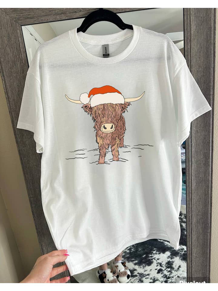 Gunpowder and Glam Boutique - Wholesale Screen Printed T-Shirt - Women's - Highland Cow Santa Hat Tee or Crewneck