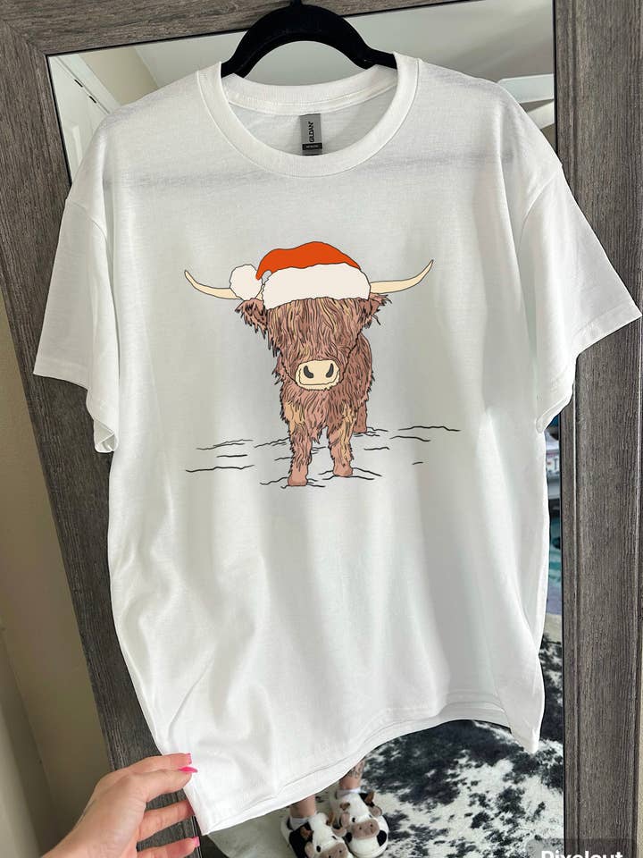 Highland Cow Santa Hat Tee or Crewneck for wholesale by Gunpowder and Glam Boutique