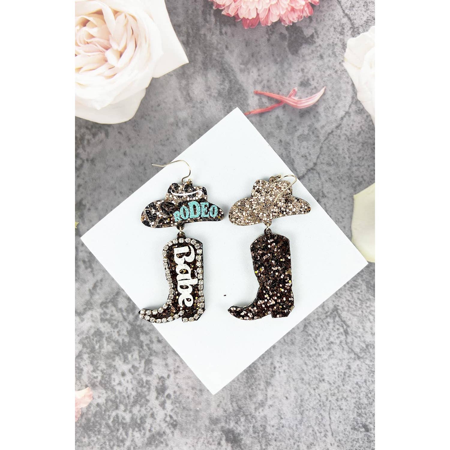 JHP Collection - Wholesale Dangle Earrings - RODEO BABE HOOK EARRING OF GLITTER COW BOY HAT AND BOOTS
1