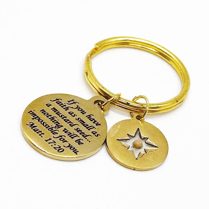 Porte-clés à breloque en forme de boussole dorée en forme de graine de moutarde, foi en graines de moutarde, cadeau Matthieu 17 20, cadeaux en graines de moutarde, cadeaux de foi, chrétiens, Écritures pour la vente par JKCE Designs