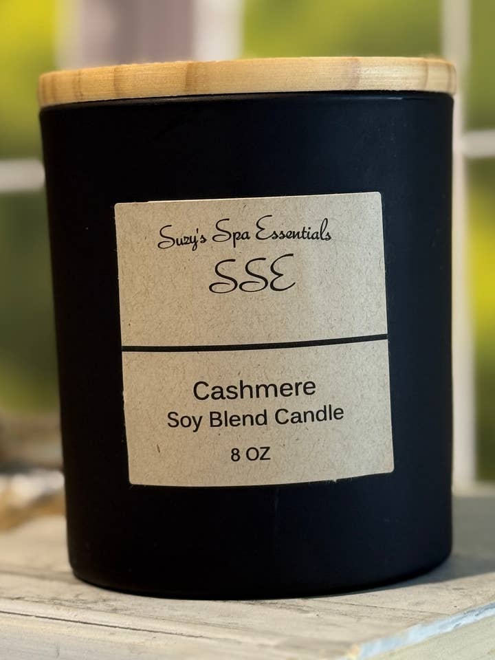 Cashmere – 8 oz Soy Blend Candle – Matte Black Jar for wholesale by Suzy Spa Essentials