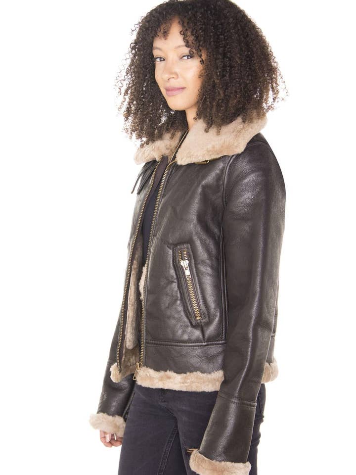 Womens Brown B3 Sheepskin Leather Flying Jacket-Kayseri for wholesale on Faire
