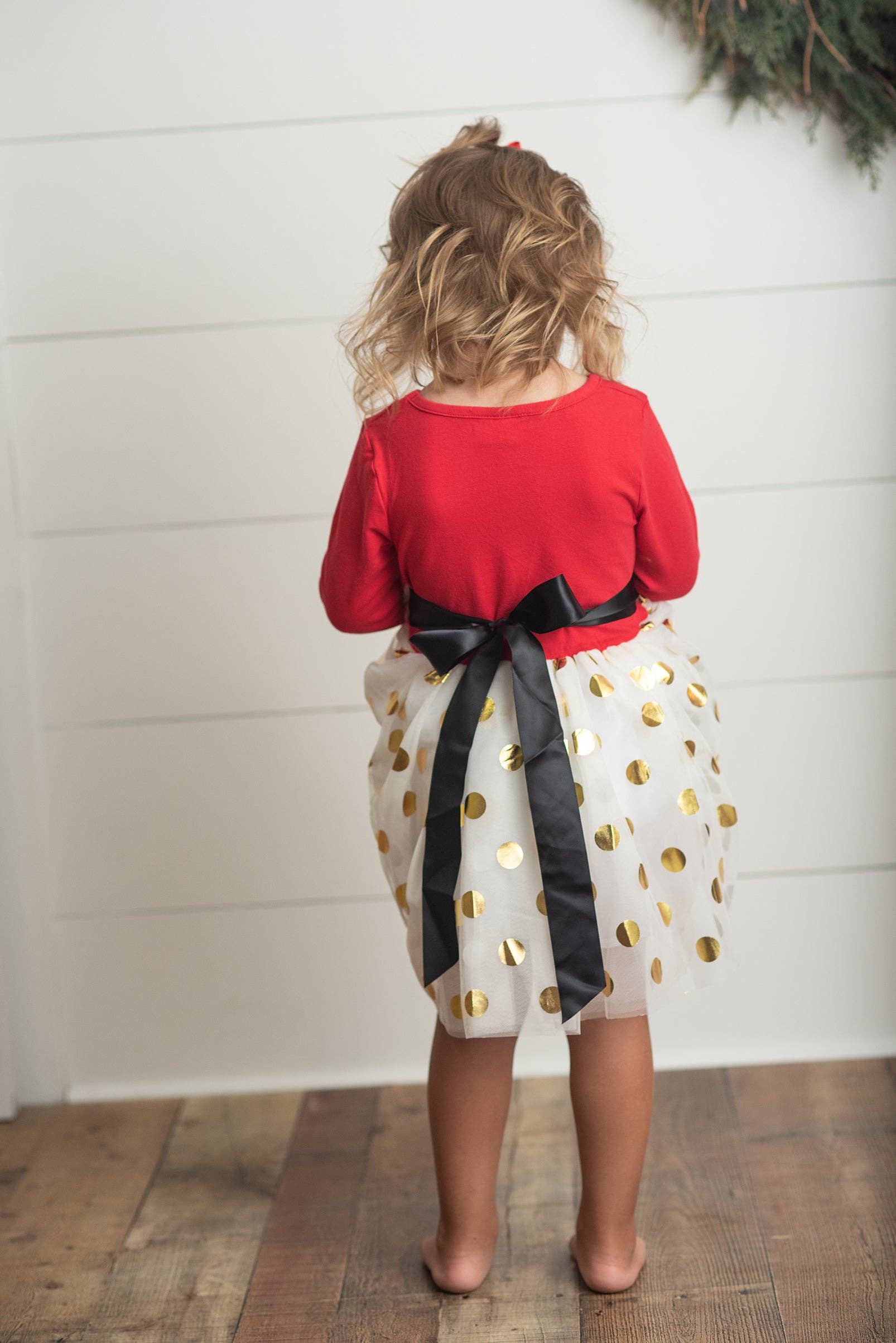 Oopsie Daisy - Wholesale Dress - Kids - Kids Santa Bow Gold Dot Tulle Christmas Holiday Dress3