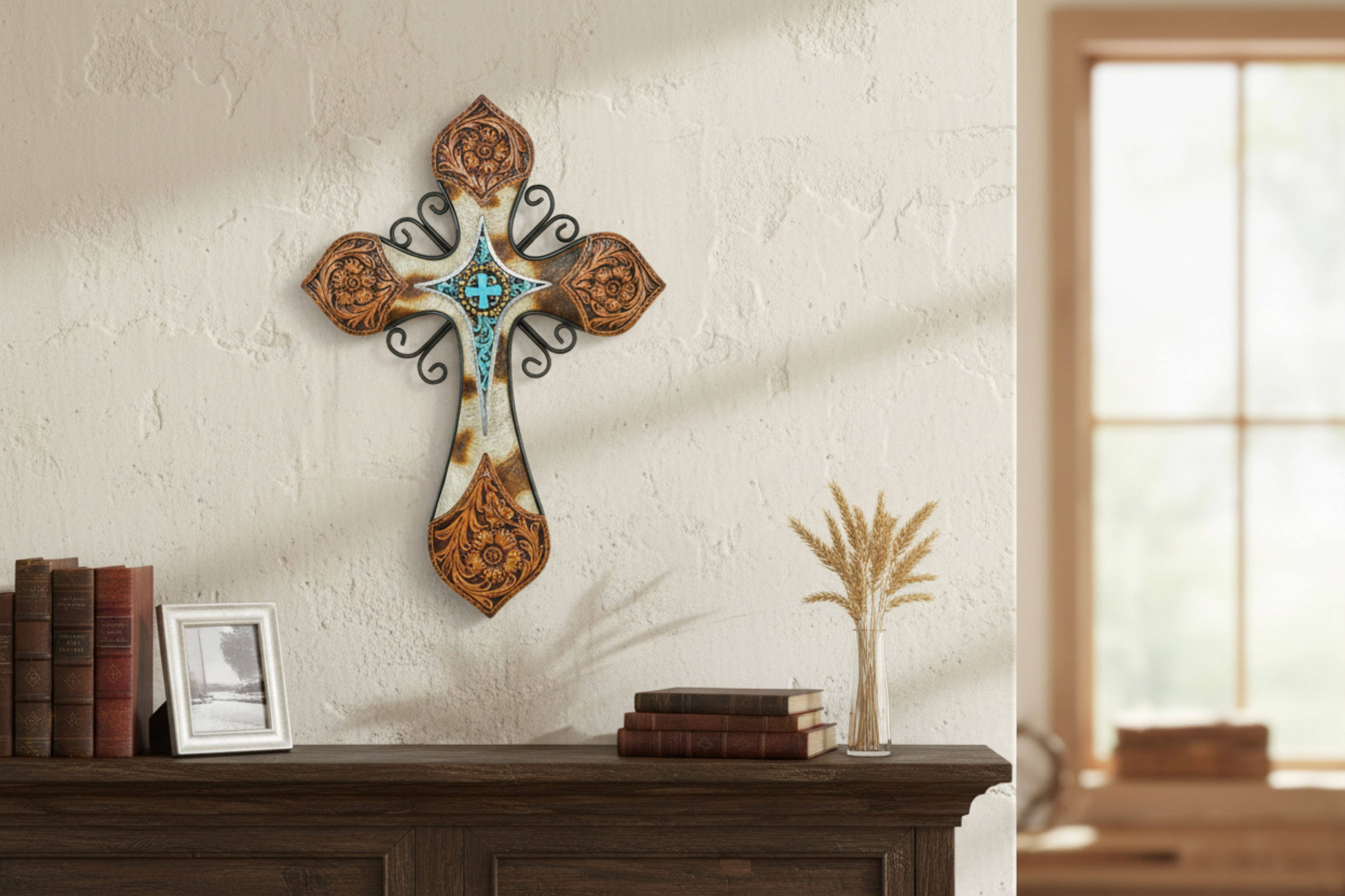 De Leon Collections - Wholesale Wall Cross - Resin Tooled Leather Cow Hide Turquoise Accent Cross Décor1