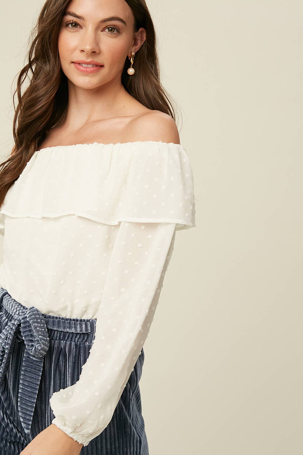 Cream Swiss Dot Off-Shoulder Ruffle Blouse LT0895 for wholesale on Faire2