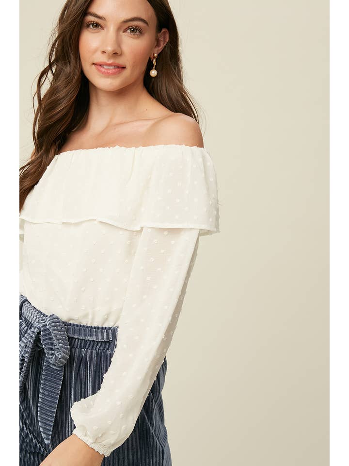 Cream Swiss Dot Off-Shoulder Ruffle Blouse LT0895 for wholesale on Faire2