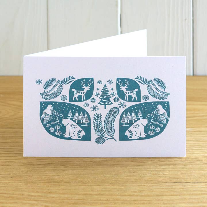 Scandi Christmas cards (set of four) blank inside for wholesale by John Bloor Printmaker