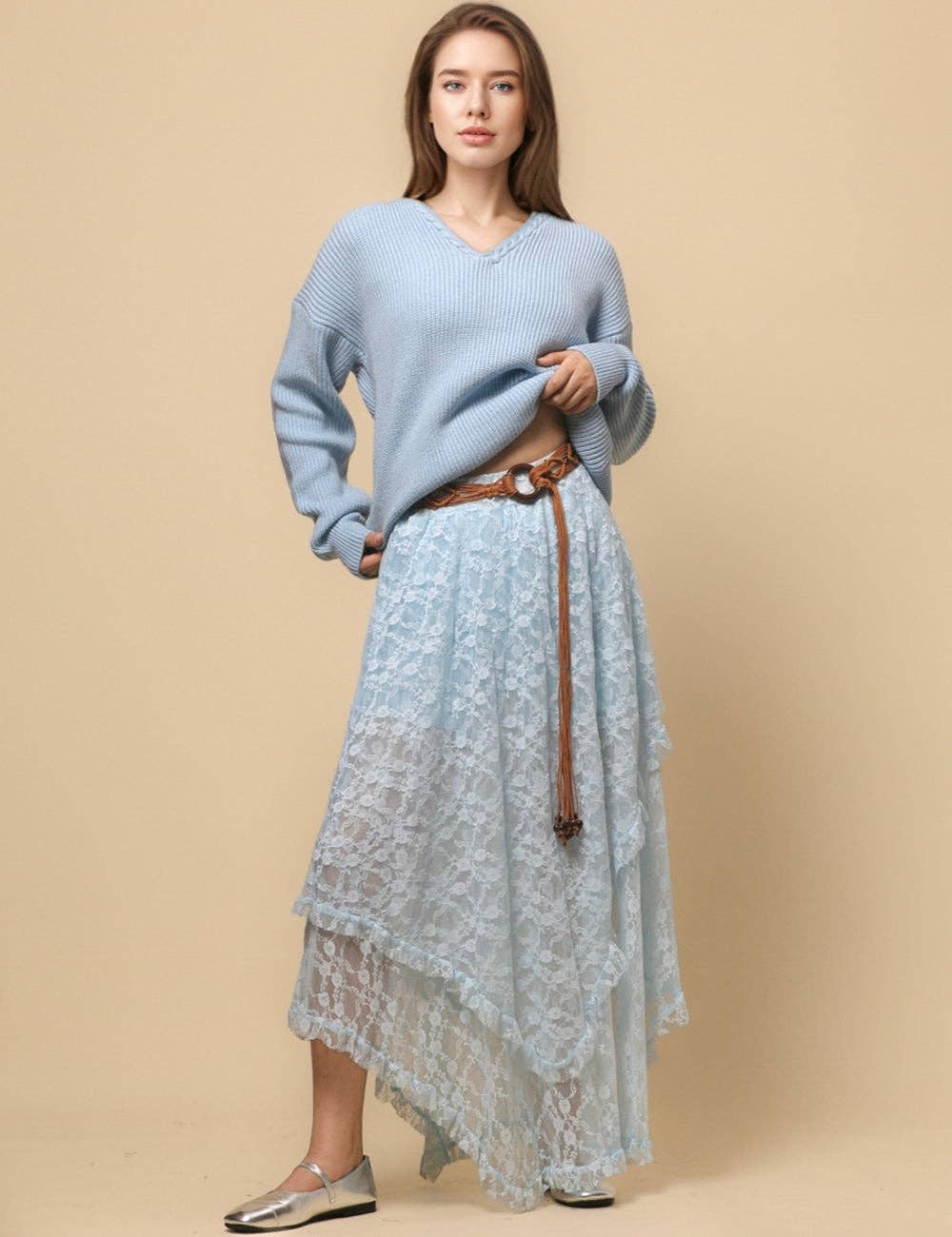 Sweetkama - Vente Jupe – femme - Jupe mi-longue en dentelle florale de couleur unie pour femmes SKS480120