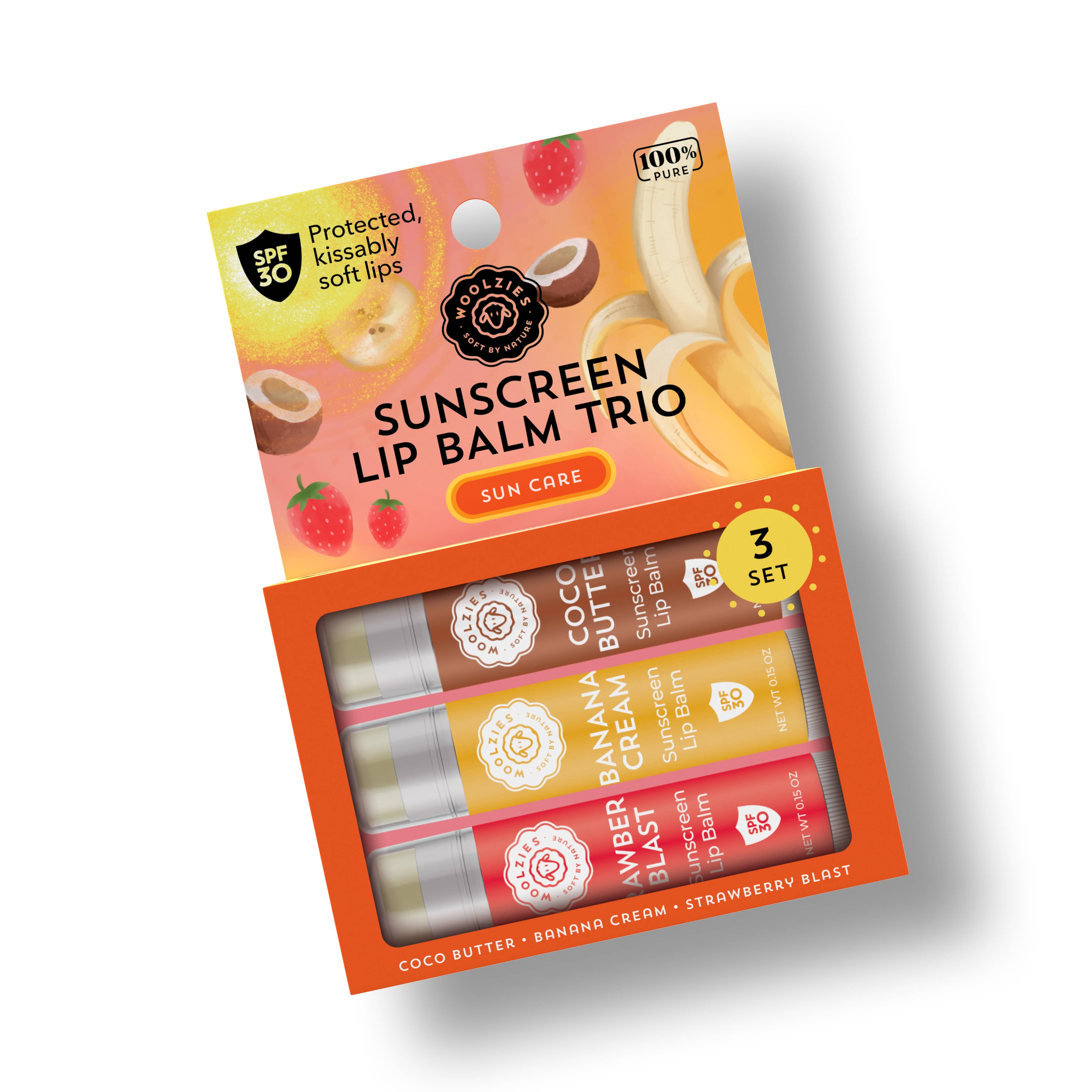 Woolzies - Wholesale Lip Balm Set - SPF Sunscreen Lip Balm Cocoa Butter Banana cream Strawberry2