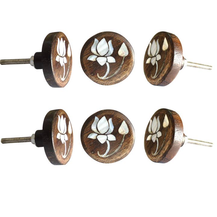 Perilla Home - Wholesale Knob/Pull - Set of Six Lotus Mother of pearls Wooden Knobs