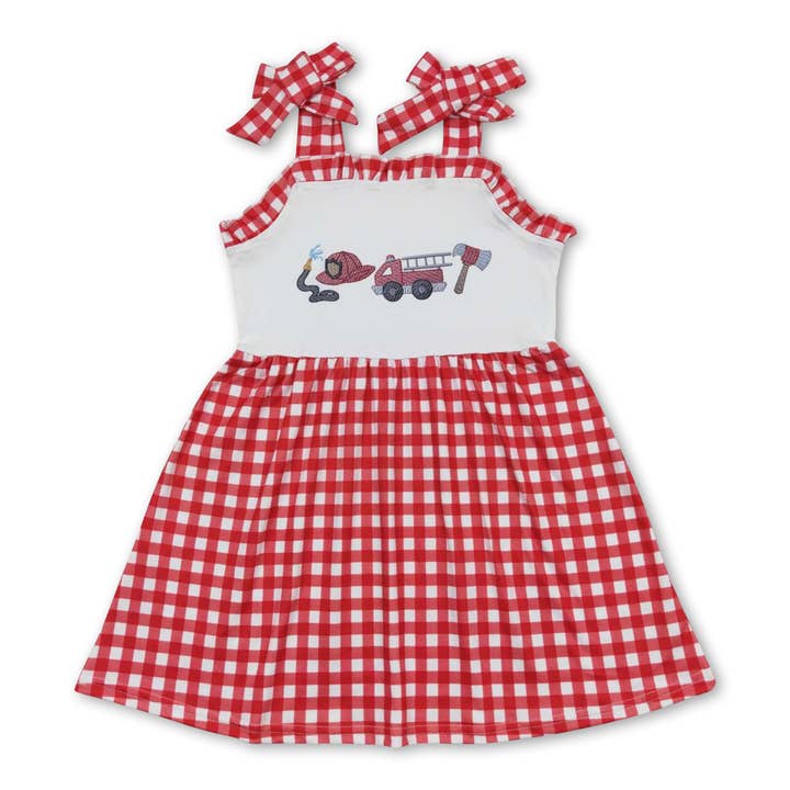 Red plaid straps fire truck girls summer dresses for wholesale by Yawoo Garments