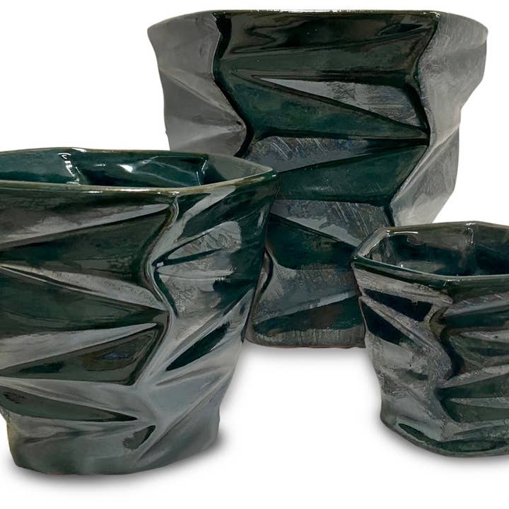 Zig-Zag Cone Pot - 3Pc Set - Forest Green for wholesale by Ceramo Pottery