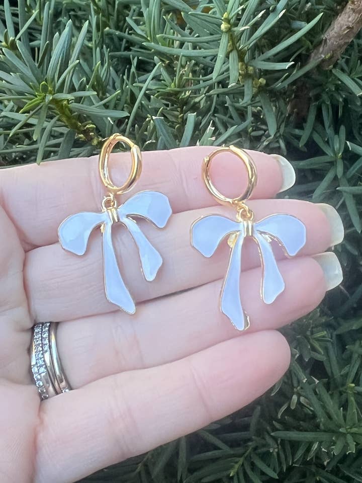 White Bow Huggie Hoop Coquette Minimalist Earrings for wholesale by Baubles by B